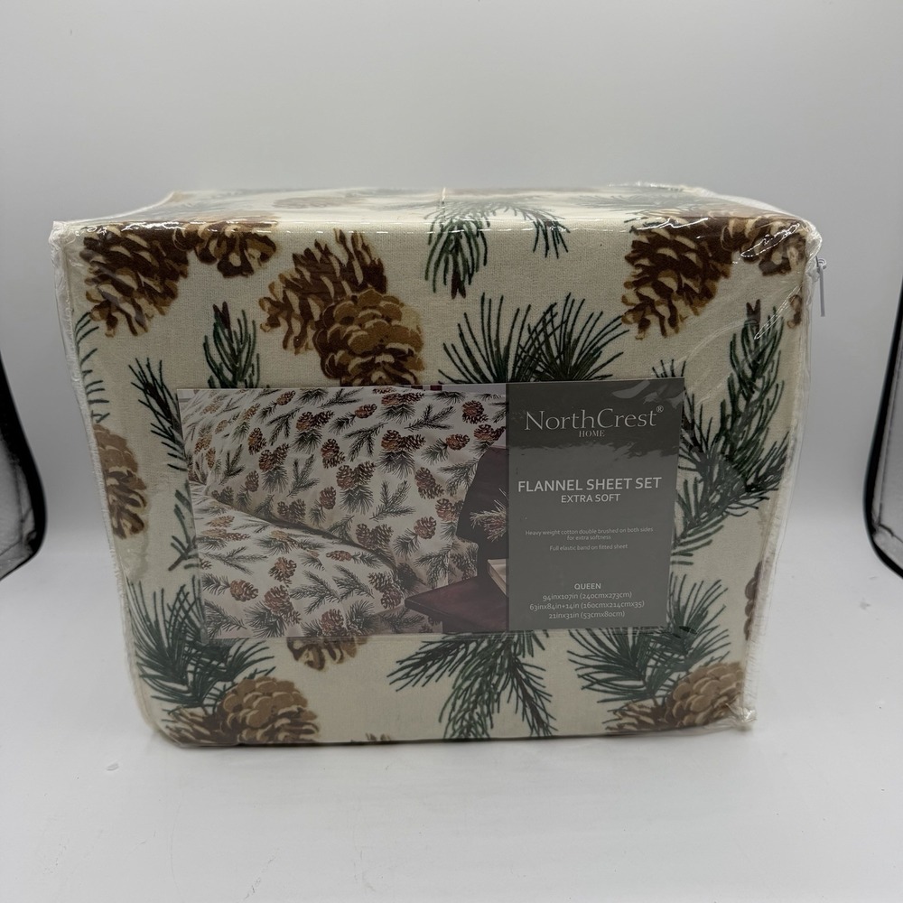 North Crest Home Flannel Sheet Set QUEEN Extra Soft Pine Cones Trees NEW